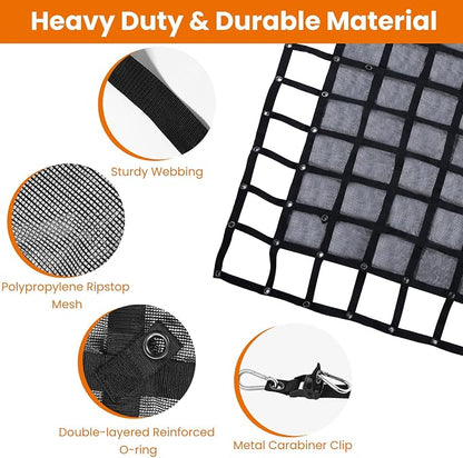 Heavy Duty Cargo Net, 4.75 x 6 ft Truck Bed Cargo Net, Cargo Carrier for Trailer Jeep SUV UTV Rack Bed Rail Boat Pickup Bed, 4 Straps with Carabiner Clips & J-Hook (57 x 72 inches)