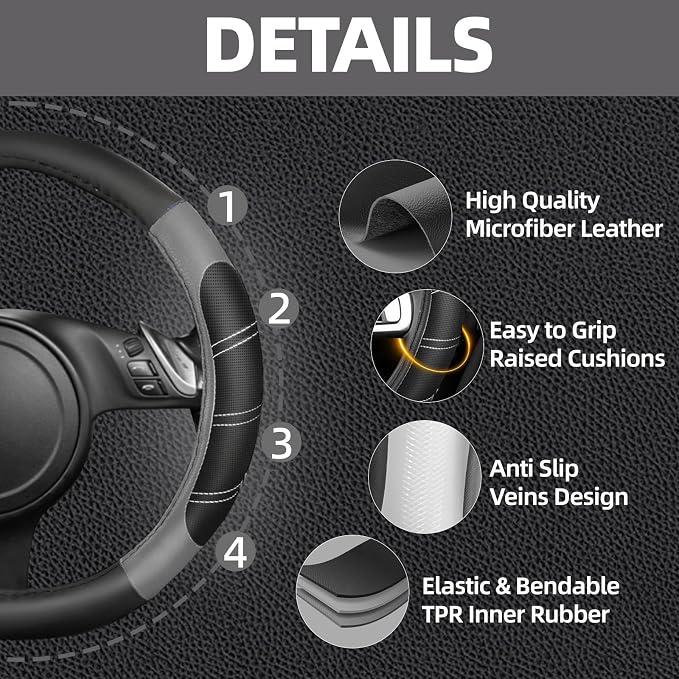 NBTEPEM 6 Pcs Grey Car Accessories Set, Sport Leather Steering Wheel Cover 14.5-15inch Universal, Microfiber Leather Car Center Console Cover, Seat Belt Cushion, Cup Holder Coaster (Black-Grey)