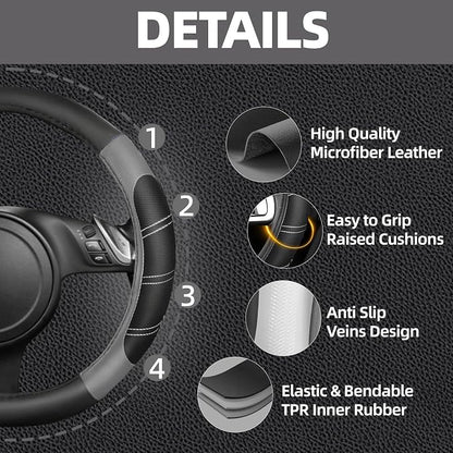 NBTEPEM 6 Pcs Grey Car Accessories Set, Sport Leather Steering Wheel Cover 14.5-15inch Universal, Microfiber Leather Car Center Console Cover, Seat Belt Cushion, Cup Holder Coaster (Black-Grey)