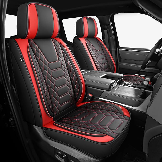 FREESOO Tundra Seat Covers 2026 2025 2024 2023 2022 Full Set, Fit for Toyota Tundra Crewmax Double Cab, Custom Truck Seat Covers with Waterproof Faux Leather BlackRed