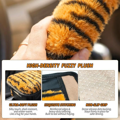 5 Pcs Fuzzy Animal Print Car Accessories Set, Soft Fluffy Plush Steering Wheel Cover, Center Console Armrest Pad & Rearview Mirror Cover - Interior Decorations for Women,Universal Fit (Tiger Print)