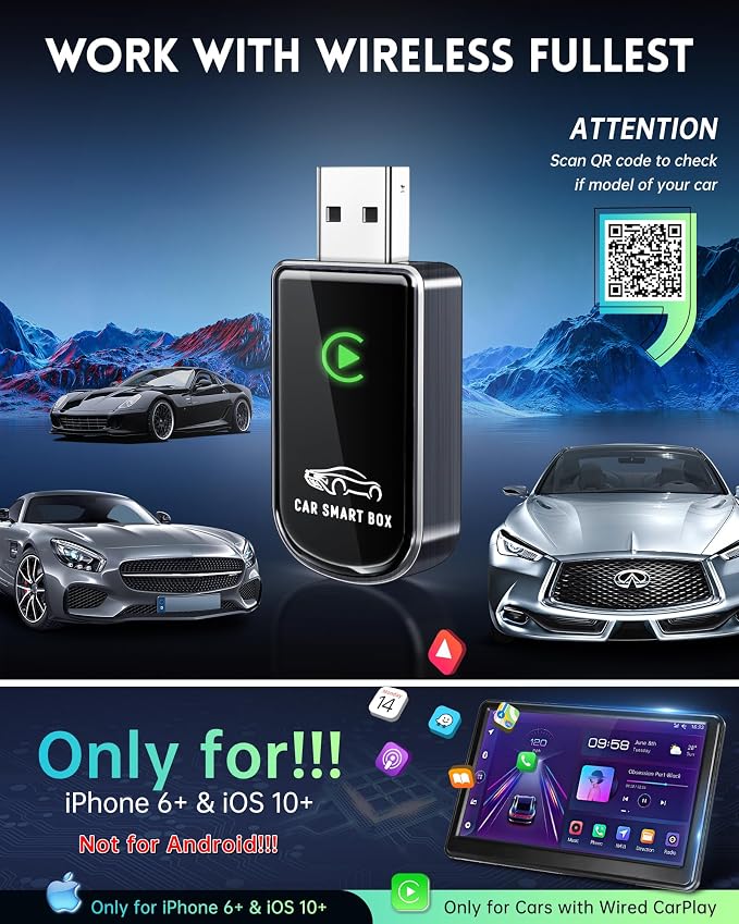 Amzfeel Wireless Carplay Adapter for Apple iPhone, Mini Bluetooth Dongle Convert Factory Wired to Wireless Car Play Plug & Play Auto Connect, Low Latency, GPS Units for Cars 2015+ (Brushed Gery)