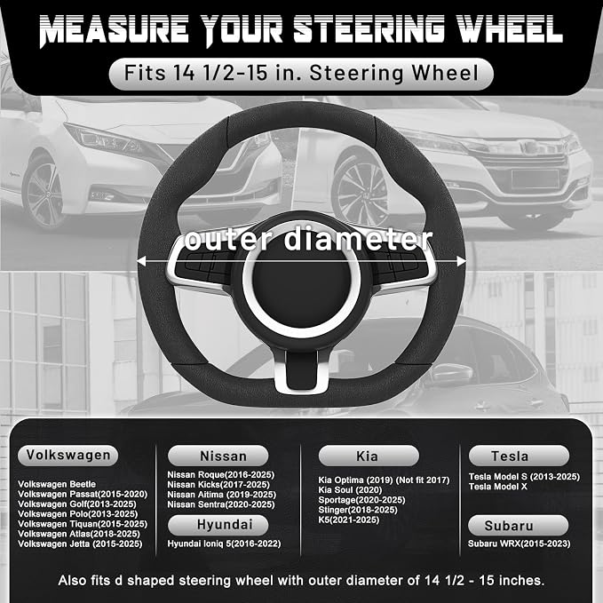SEG Direct D Shaped Steering Wheel Cover, Flat Bottom Car Wheel Cover 14 1/2-15 in. (37-39 cm), Black and Red Microfiber Leather