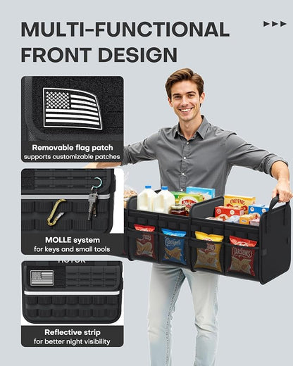 HOTOR Tactical Car Trunk Organizer - Foldable Trunk Organizer for SUV with Front MOLLE Pocket & Reflective Strips, Essential Car Accessories for Tools & Outdoor Storage, 15.0" x 31.5" x 11.0", Black