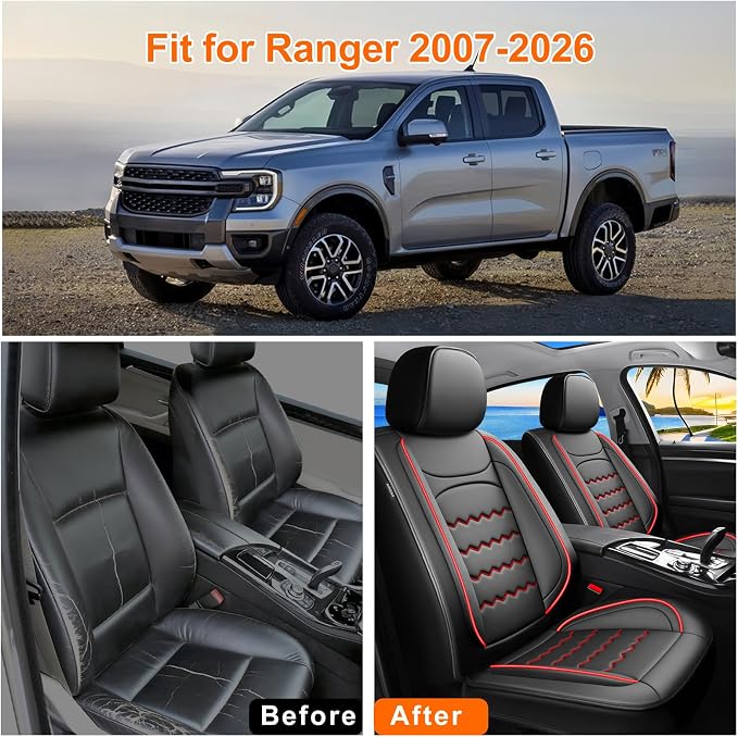 Ranger Car Seat Covers Custom Fit for Ford Ranger 2019-2026, Full Coverage Leather Waterproof Breathable Seat Covers, Automotive Seat Protectors, Airbag Compatible(2 Front Seats, Black & Red)