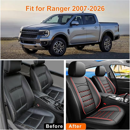 Ranger Car Seat Covers Custom Fit for Ford Ranger 2019-2026, Full Coverage Leather Waterproof Breathable Seat Covers, Automotive Seat Protectors, Airbag Compatible(2 Front Seats, Black & Red)