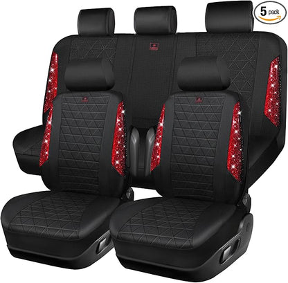 CAR PASS Oxford Bling Diamond Car Seat Covers Full Set Interior Sets, Waterproof Shining Glitter Sparkly Crystal Universal Armrest Fit 95% Automotive Truck SUV Cute Women Girl, Black Red Rhinestone