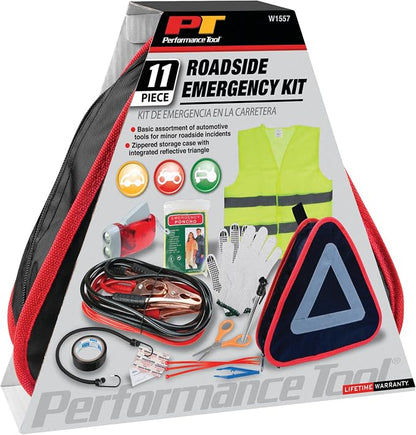 Performance Tool W1557 Roadside Assistance Kit with Jumper Cables, Reflective Triangle, Flashlight, Safety Vest, and More, in Zippered Storage Case