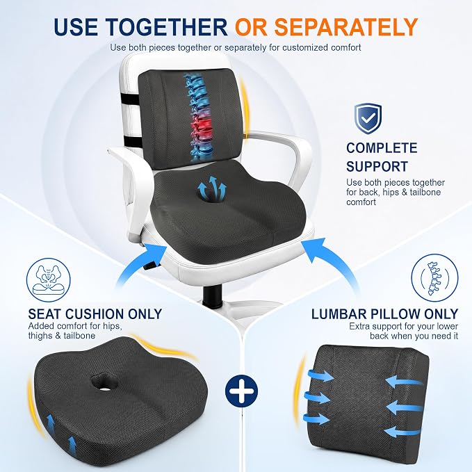 Allaboutsla Seat Cushion & Lumbar Support Pillow Set: Ergonomic Memory Foam Seat Cushion and Back Support for Pain Relief, Butt Cushions and Lumbar Pillow for Car, Office Chair, Gaming - Black