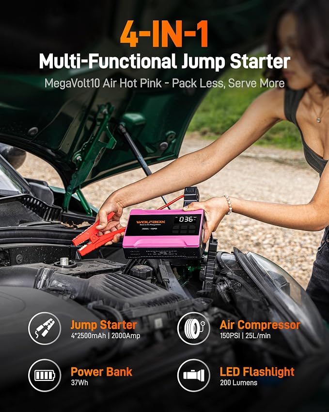 WOLFBOX 2000A Jump Starter with Air Compressor, 37Wh Car Battery Booster Jumper Starter Portable(up to 5L Gas Engine), 12V Jump Box Pack with 150PSI Tire Inflator, Jumper Cables, LED Light — Hot Pink