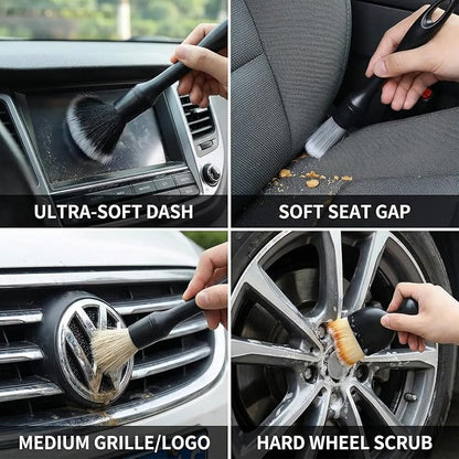 5 PCS Car Detailing Brush Set, Ultra-Soft Boar Hair Brushes for Interior & Exterior Cleaning, Multi-Use Duster for Air Vents, Wheels & Leather, Professional Car Wash Supplies