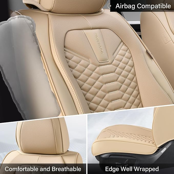 Coverado Front Seat Covers, 2 Pieces Universal Seat Cover for Cars, Breathable Nappa Leather Waterproof Car Seat Cover, Car Seat Protector, Driver Seat Cover, Auto Seat Covers Fit for Cars, Beige