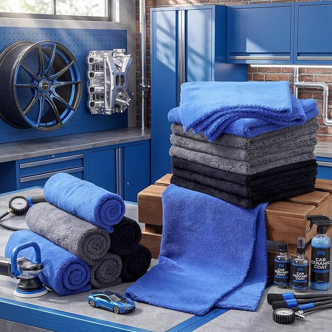 Shimeyao 20 Pcs 16 x 16 Inch Edgeless Microfiber Plush Towels for Cars Detailing Drying Wash Polishing Absorbent Cleaning Cloths, 500 GSM (Blue, Black, Gray)
