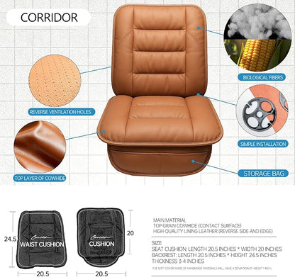 CORRIDOR Genuine Leather Seat Cushion for Car - Handmade - Relieve Hip, Pressure and Sciatica Pain - Ideal for Lower Back Pain - for Office Chair and Car Seat (Red Flag Brown, Cushion + Backrest)