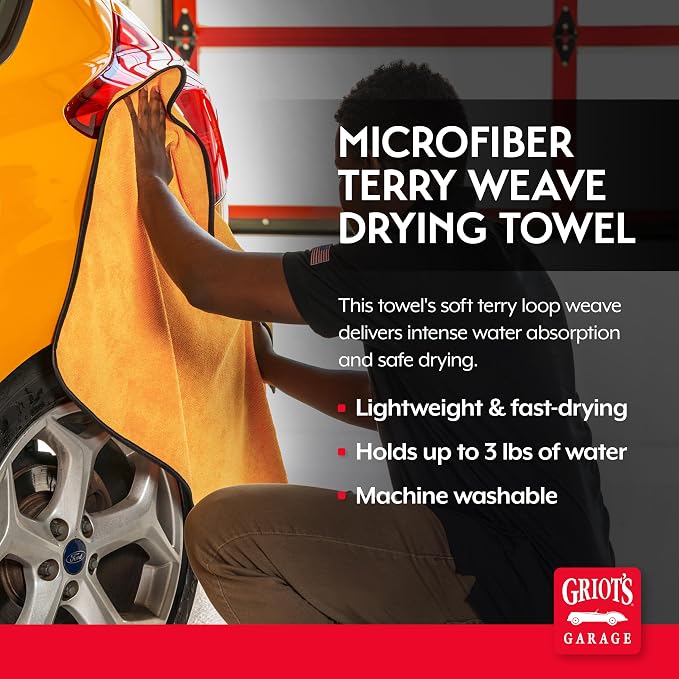 Griot's Garage Microfiber Terry Weave Drying Towel for Car Wash and Auto Detailing, High Absorbency, Machine Washable, 25" x 35", 55517