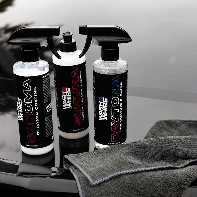 WASH&WHIPS SEAL - Exterior & Car Shine Kit (Step 3) – Sonoma Ceramic Coating Spray, Daytona Tire Shine, Suzuka Rubber & Plastic Coating – Long-Lasting Protection, Hydrophobic, Easy Application
