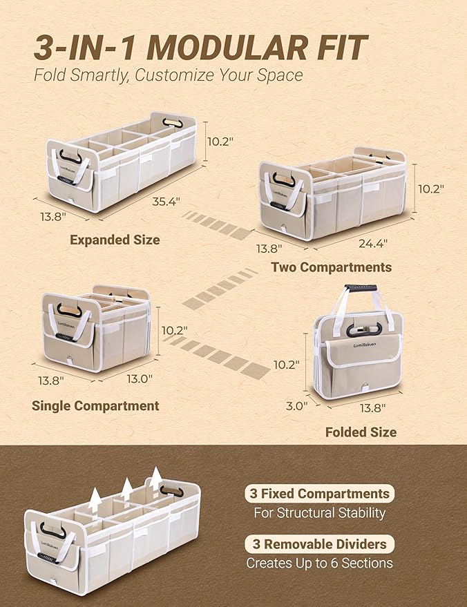 Heavy Duty Trunk Organizer with Lid for Car SUV-1680D Water-Resistant &3.5mm PP Skeleton,Collapsible Storage Box with No Sliding Metal Hooks,Fits Tesla,Truck,Sedan(XL, Cream)