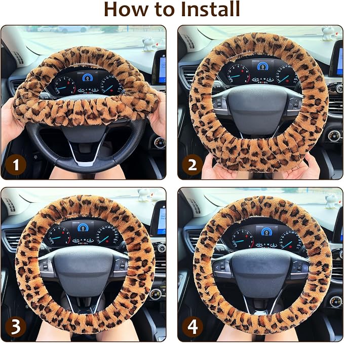 Accmor Fuzzy Car Steering Wheel Cover, Universal Fit Fur Auto Wheel Cover & Handbrake Cover & Gear Shift Cover Set, Anti-Slip Leopard Warm Fluffy Vehicle Wheel Protector Car Accessories for Men Women