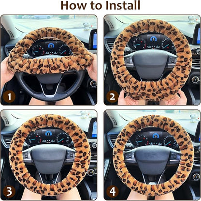 Accmor Fuzzy Car Steering Wheel Cover, Universal Fit Fur Auto Wheel Cover & Handbrake Cover & Gear Shift Cover Set, Anti-Slip Leopard Warm Fluffy Vehicle Wheel Protector Car Accessories for Men Women