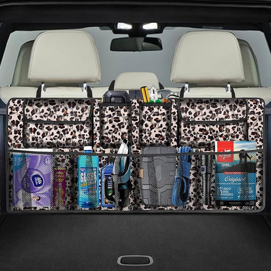 Car Trunk Organizer, Super Capacity Backseat Car Organizer for SUV/Truck/MPV, Hanging Car Storage Organizer with 8 Pocekts, Car Accessories for Women and Men- Leopard print