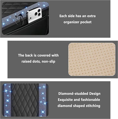 Stacool Upgraded Car Center Console Cover with Rhinestones,Microfiber Leather Car Armrest Cover Cushion with 2 Storage Bags,Universal Cars Armrest Storage Box as Cars Interior Accessories