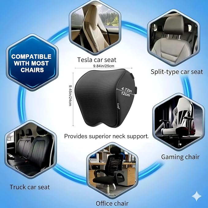 Crofy 2-Pack Car Neck Pillow, Softness Car Headrest Pillow for Driving with Adjustable Strap, 100% Memory Foam and Breathable Removable Cover, Comfortable Ergonomic Design, Black
