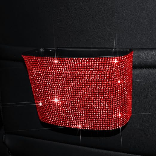 Cavalcade Car Trash Can, Hanging Trash Bin, Leakproof Garbage Organizer, Bling Vehicle Waste Basket, Mini Dustbin Container with Clip for Car, Office, Kitchen, Bedroom, Home and More, Red, Small