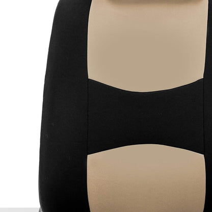 FH Group Flat Cloth Seat Covers Front Seat and Solid Rear Bench Full Set with Gift - Universal Fit for Cars, Trucks & SUVs (Beige/Black)