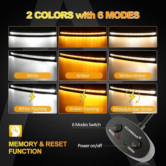 Auxbeam 50 Inch LED Light Bar, 288W Curved Amber White Strobe Lights, 6 Modes Spot Flood Combo Beam Fog Memory Reset Function Driving Light with Wiring Harness Kit for Car Jeep Off Road SUV UTV ATV
