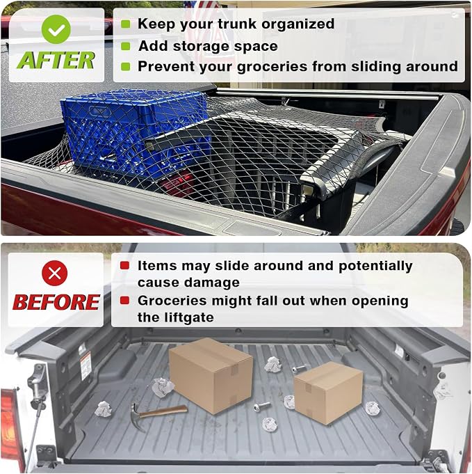 Muslogy Truck Bed Cargo Net Trunk Netting Compatible with Pickup Bed Stretchable 4'x4' to 7'x7' Accessories, Pickup Cargo Organizer ATV SUV UTV Truck&Boat Sedan Storage Net w/Heavy Duty Carabiners