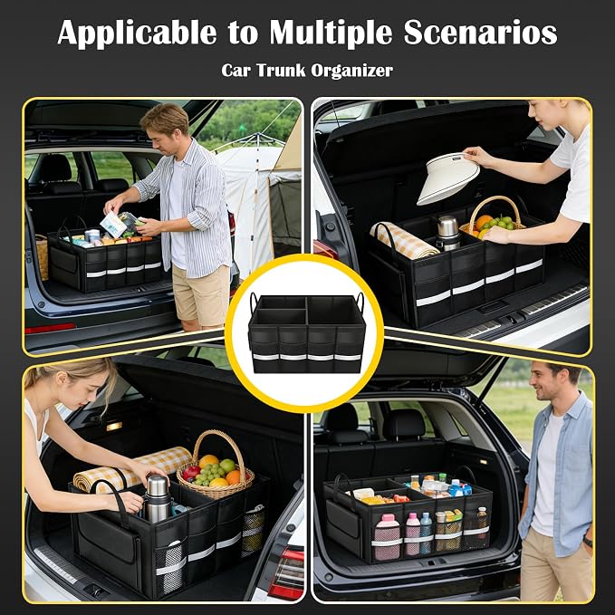 CloudDream Trunk Organizer for Car,70L Large Foldable Waterproof Organizer for SUV,Truck, Van & Sedan,3 Compartments, Black (Black-23.6")