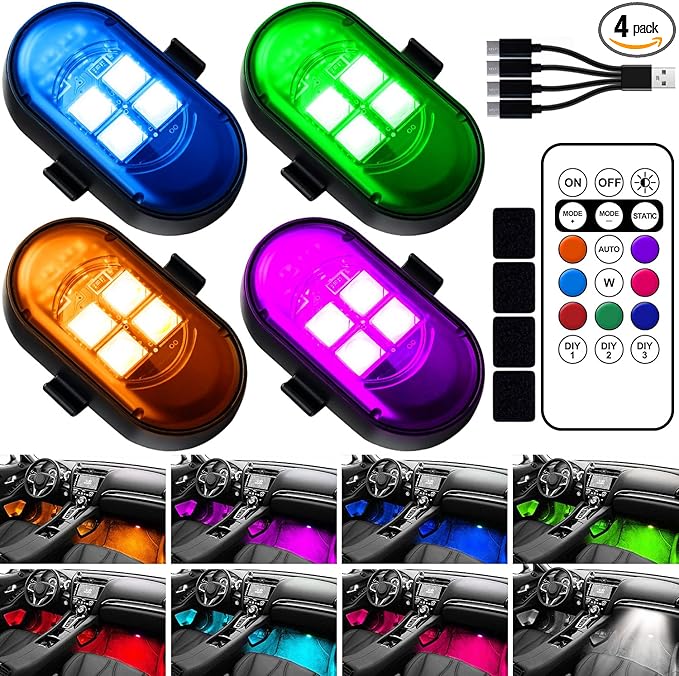 Upgraded Wireless LED Lights for Car, Rechargeable Interior Car Lights with 8 Colors Brightness Adjustable, 12H Battery Life, Remote Control, Mini Strobe Lights for Vehicle Motorcycle Bike Decor