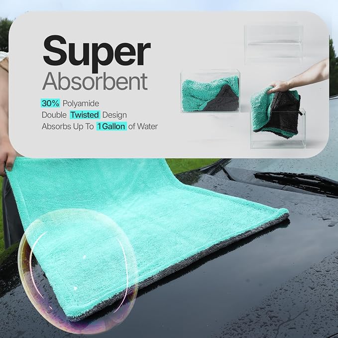 Crystal Clean 1300GSM Microfiber Towels for Cars – XL Drying Towel with Double Twisted Loop, Professional Detailing Towel Car Detailers - Quick Dry, Paint Safe & Swirl-Free (2 Pack Green)