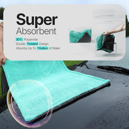 Crystal Clean 1300GSM Microfiber Towels for Cars – XL Drying Towel with Double Twisted Loop, Professional Detailing Towel Car Detailers - Quick Dry, Paint Safe & Swirl-Free (2 Pack Green)