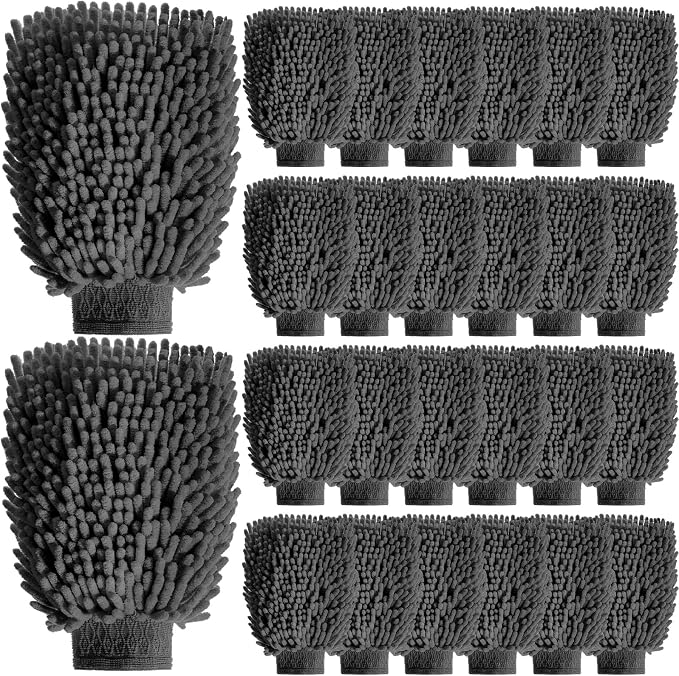 24 Pack Car Wash Mitt Bulk Microfiber, 10'' x 8'' Chenille Car Wash Mitt Gloves, Scratch Free Double Sided No Lint No Marks for Truck SUV and All Vehicle Surfaces (Grey)