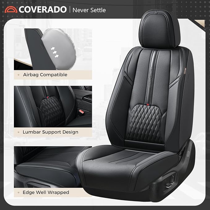 Coverado Car Seat Covers Full Set, Black Seat Cover with Lumbar Support, Luxury Leather Seat Covers for Front and Back, Waterproof Car Seat Protector Car Seat Cushion Universal Fit for Most Vehicles