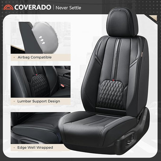 Coverado Car Seat Covers Full Set, Black Seat Cover with Lumbar Support, Luxury Leather Seat Covers for Front and Back, Waterproof Car Seat Protector Car Seat Cushion Universal Fit for Most Vehicles