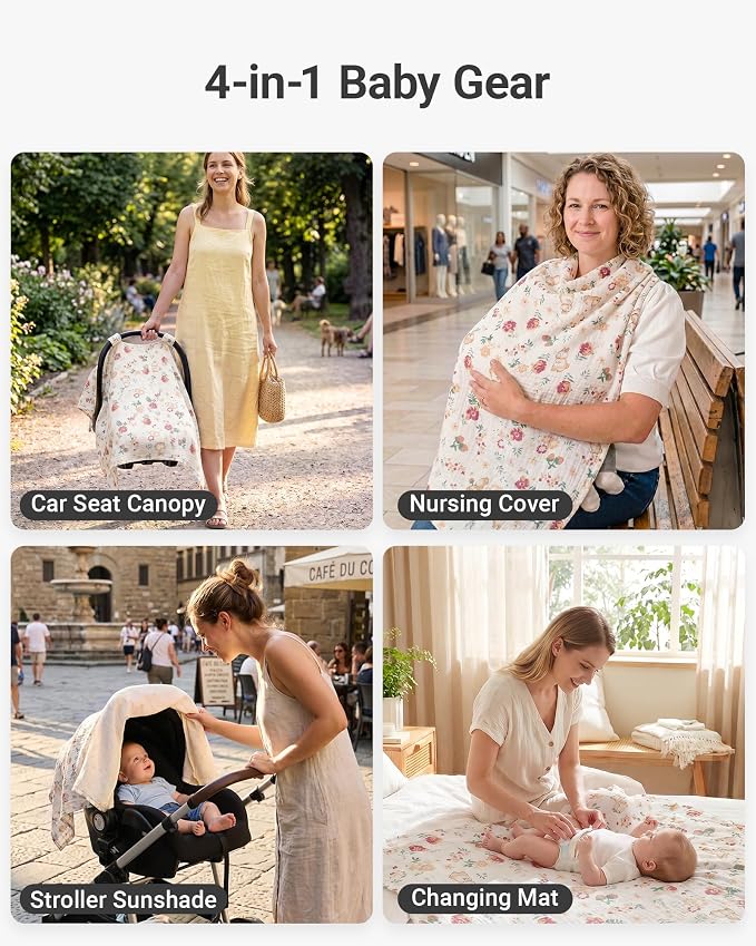 Metplus 100% Muslin Car Seat Cover Baby & Nursing Cover, Soft Breathable Infant Carseat Canopy for Summer, Stroller & Carrier Sunshade for Boys Girls (Cute Rabbit)