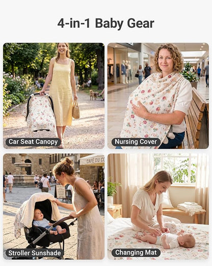 Metplus 100% Muslin Car Seat Cover Baby & Nursing Cover, Soft Breathable Infant Carseat Canopy for Summer, Stroller & Carrier Sunshade for Boys Girls (Cute Rabbit)