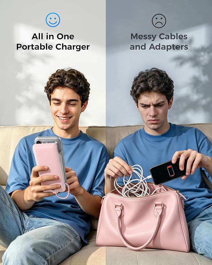 VEGER Portable Charger with Built-in AC Plug and Cables, All in One 10000mAh Ultra Slim Power Bank Travel Essentials, Fast Charging Battery Pack Compatible with iPhone, Samsung, Android, Crepe