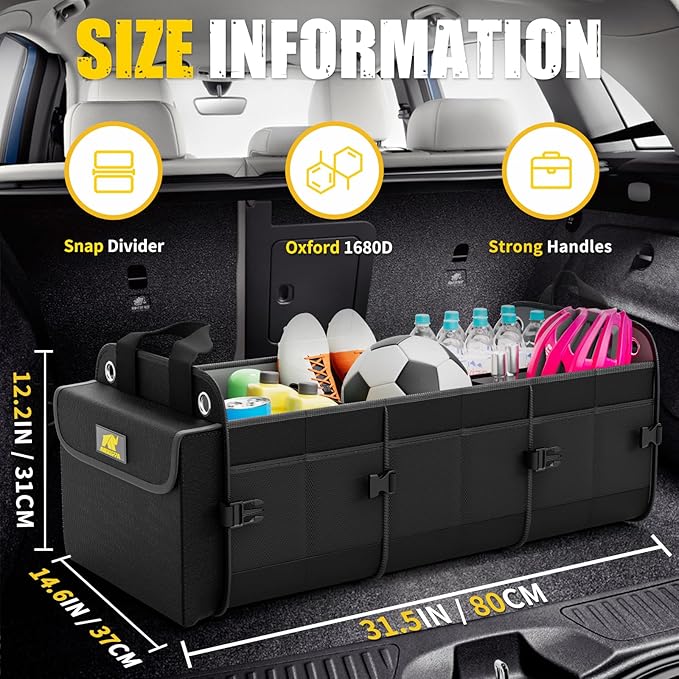 MIKKUPPA Car Trunk Organizer - 100L Large Car Organizer, 1680D Oxford Collapsible Suv Trunk Storage with 2 Adjustable Straps for Auto, Truck, Suv (Black)