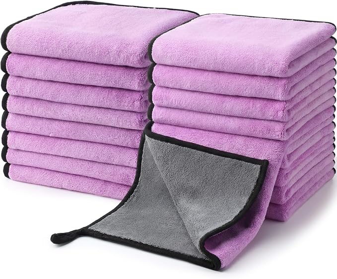 Nuenen 20 Pcs Microfiber Car Drying Towels Microfiber Cleaning Cloth 800 GSM Thick Plush Cleaning Dusting Cloth Auto Detailing Absorbent Towels Rags for Car Household Kitchen Window(Grey and Purple)