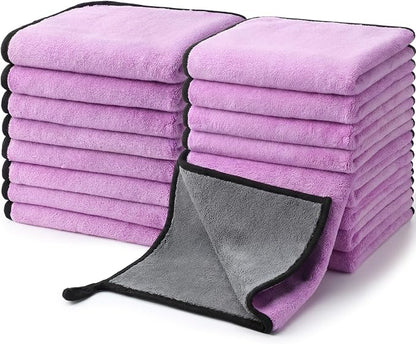 Nuenen 20 Pcs Microfiber Car Drying Towels Microfiber Cleaning Cloth 800 GSM Thick Plush Cleaning Dusting Cloth Auto Detailing Absorbent Towels Rags for Car Household Kitchen Window(Grey and Purple)