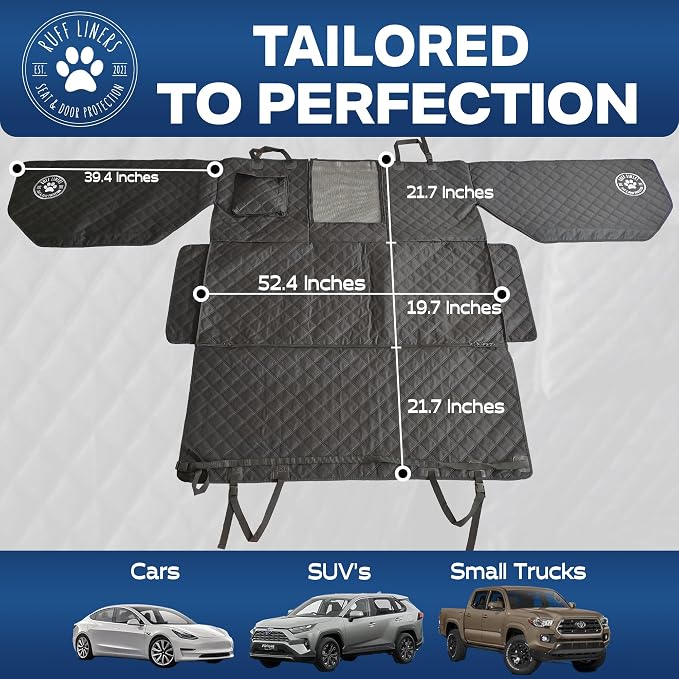 Ruff Liners Dog Hammock for Car, Black – As Seen on Shark Tank – Back Seat Protector for Cars, Mid-Size SUVs, & Mid-Size Trucks – Waterproof, Touch Fasteners, & Belt Slots – Heavy Duty Dog Seat Cover