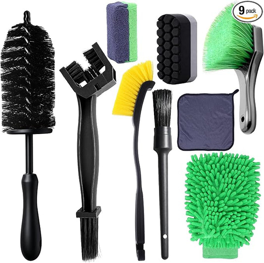 9 Pakcs Motorcycle Cleaning Kit, Chain/Tire/Wheel/Engine Brush, Motorcycle Overal Cleaner Tools Kit with Hard Reach Brush Wash Mitt Towel Applicators Polishing Sponge, Chain Cleaning Kit for Car Bike