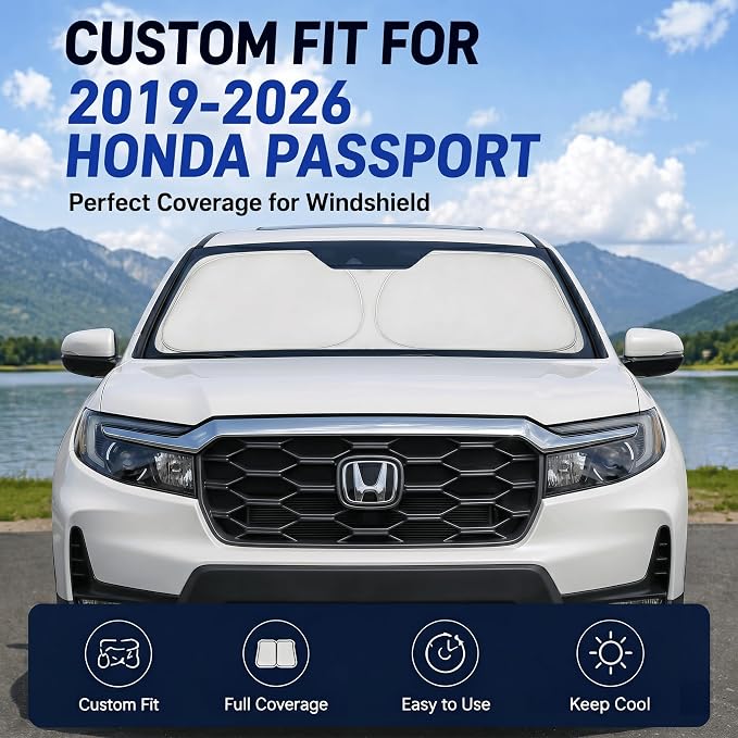 Custom Fit Windshield Sun Shade for Honda Passport 2019-2025 | Perfect Vehicle Fit, Cooler Interior, Blocks UV Rays, Stronger Frame, Easy Fold & Store