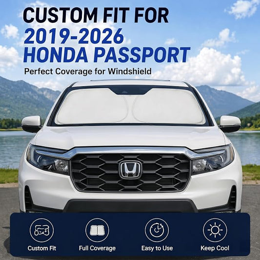 Custom Fit Windshield Sun Shade for Honda Passport 2019-2025 | Perfect Vehicle Fit, Cooler Interior, Blocks UV Rays, Stronger Frame, Easy Fold & Store