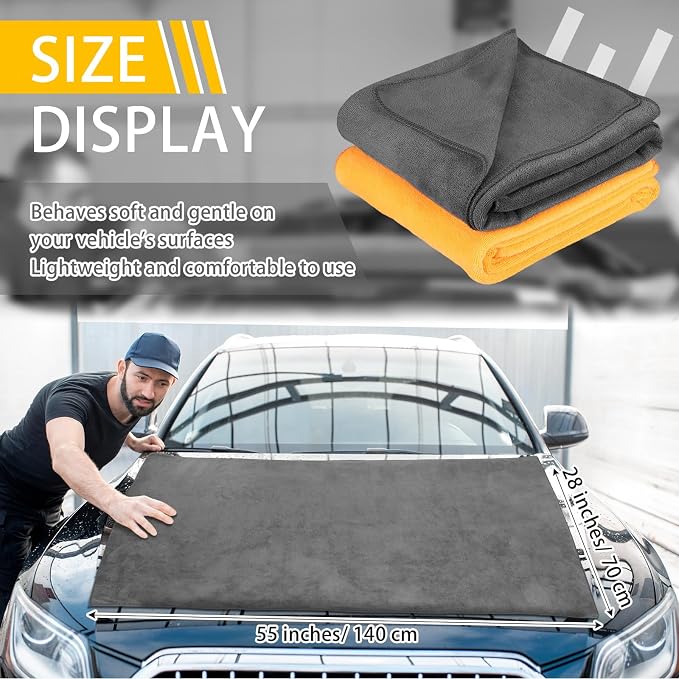 Mindsoft 2 Pcs Giant Car Drying Towel 55'' x 28'' Microfiber Towels Great Thick Soft Plush Towel Streak Free Lint Free Reusable Cars Accessories Highly Absorbent Quick Effortless Dry for Car Truck Suv