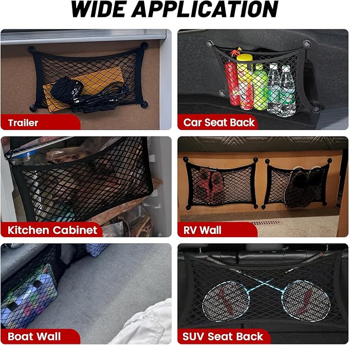 RED WOLF Universal Cargo Net Pocket Elastic Netting Car Mesh Pouch for Trunk RV Boats Home Cargo Storage with Screws and Hooks (21.7'' x 9.8'')