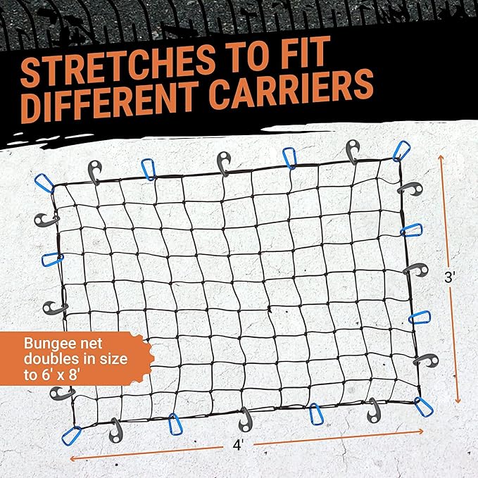 Truck Bed Cargo Net – 3 x 4 Foot, Heavy-Duty Elastic Mesh with 12 Hooks and 12 Blue Clips and Storage Bag for Pickup for Cargo Netting, Securing Loads in Trailers, SUVs & Roof Racks